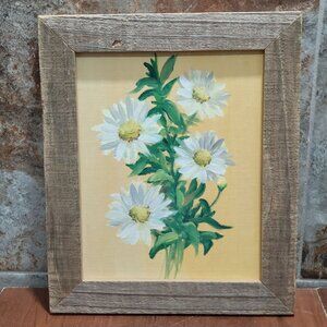 Vintage Oil Painting of Daisies Rustic Wooden Frame Impasto Technique